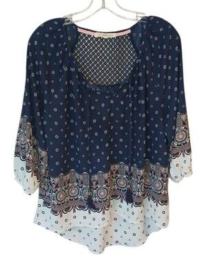 Rewind Navy and White Printed Peasant Blouse Size Large